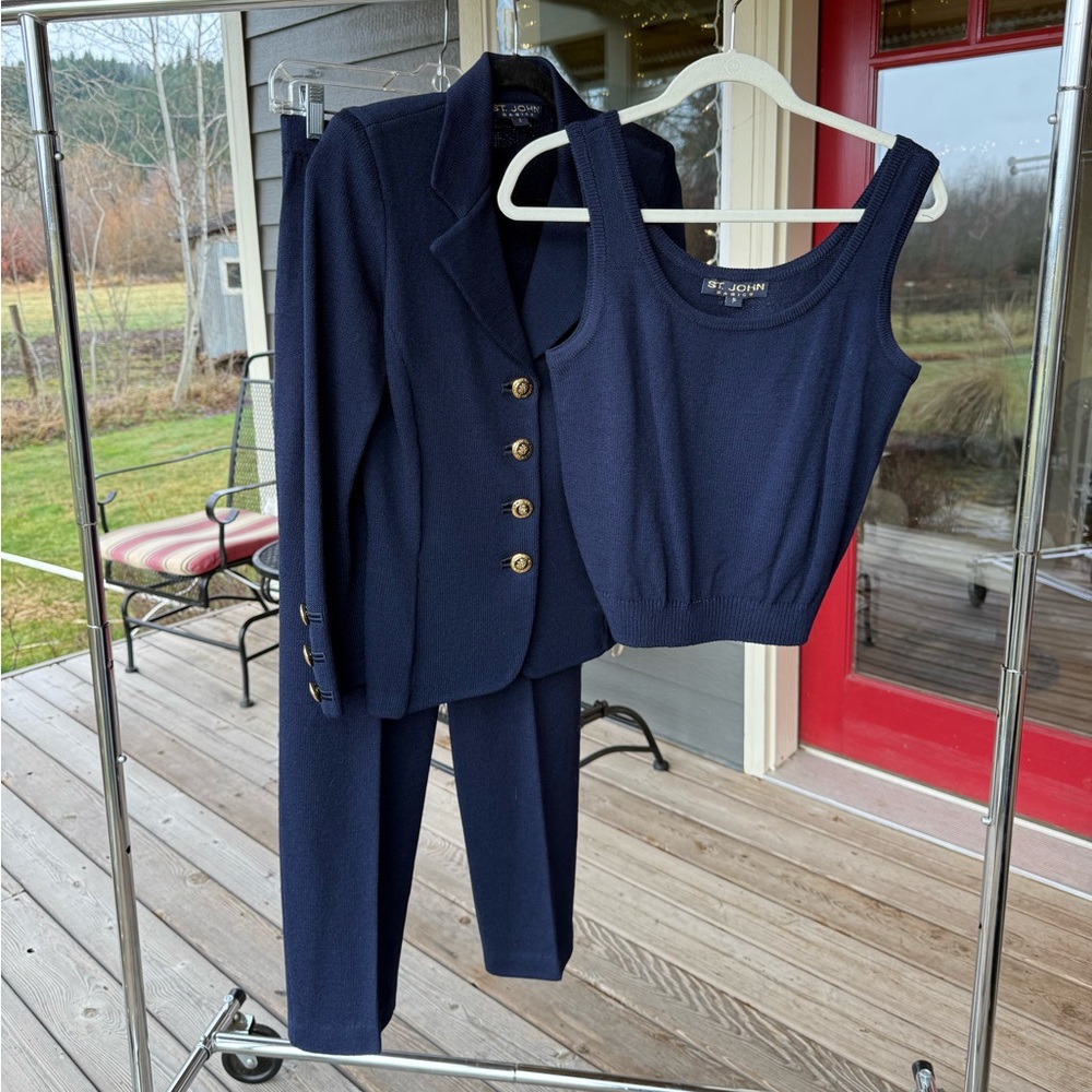 St. John Navy Pantsuit Set with Blazer and Top
